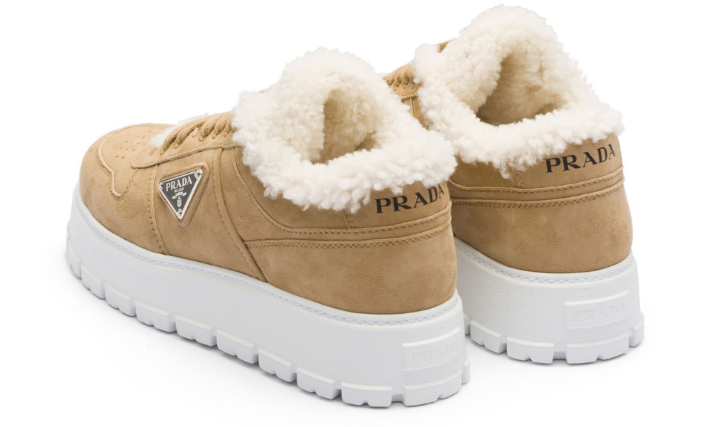 Prada Shearling-trim Flatform Sneakers "Brown"