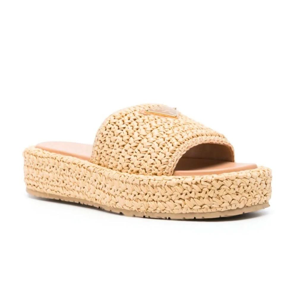 Prada logo-plaque crochet sandals 'Beige' - Copva