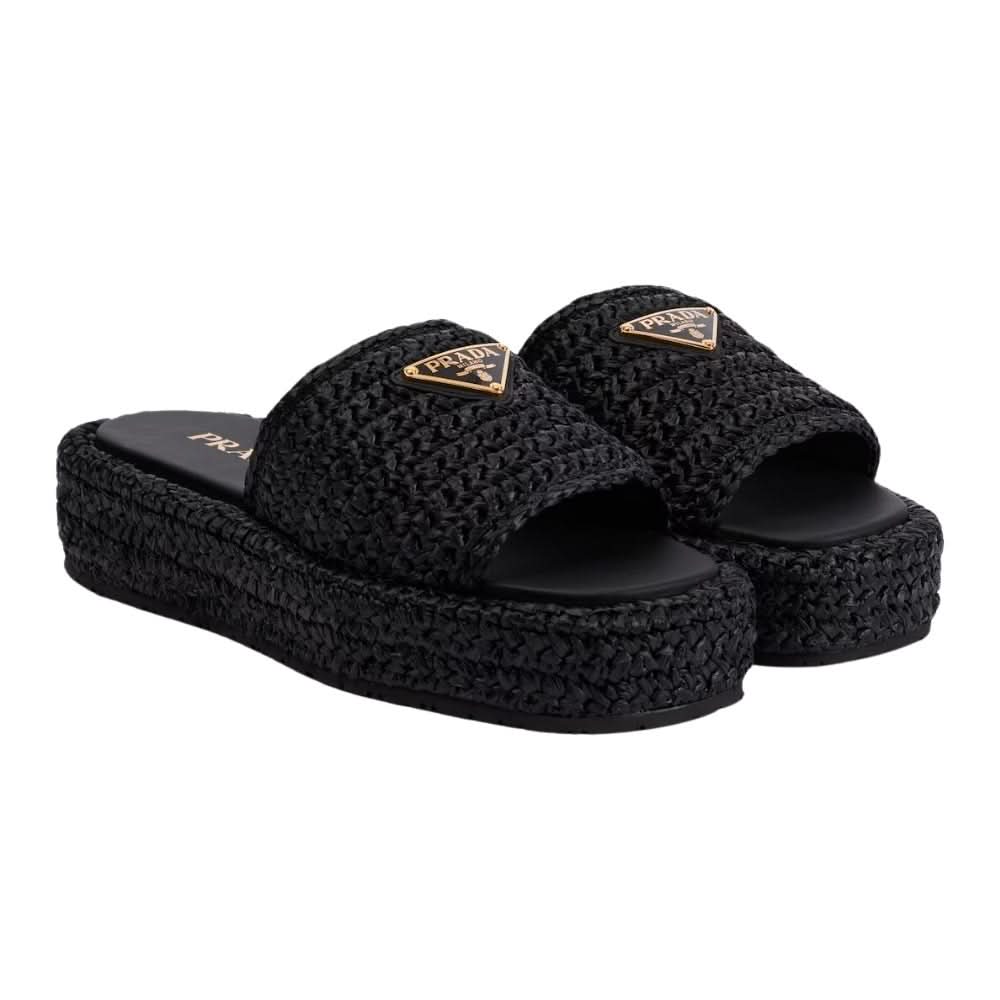 Prada logo-plaque crochet sandals 'Black' - Copva