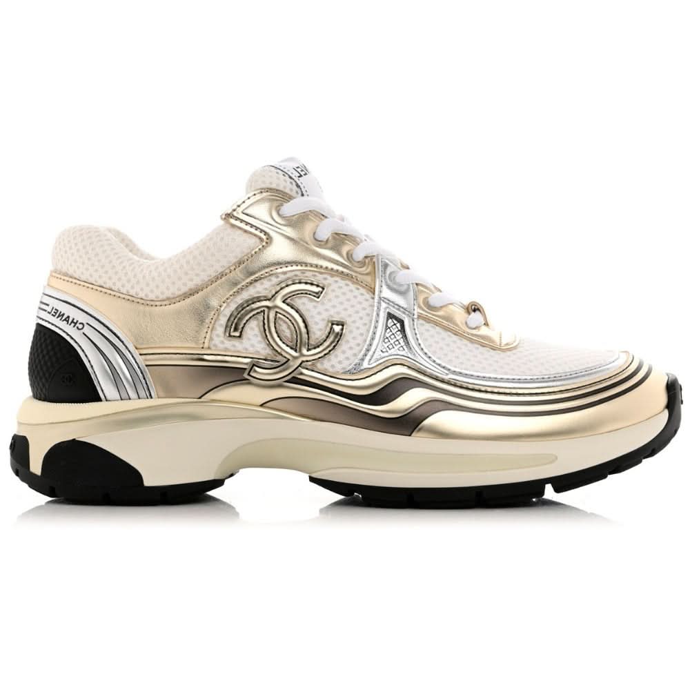 Chanel Fabric & Laminated White, Gold & Silver Low Top Sneakers - Copva
