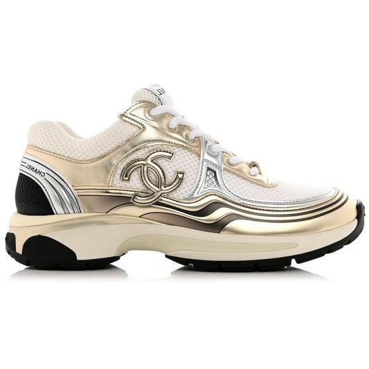 Chanel Fabric & Laminated White, Gold & Silver Low Top Sneakers - Copva