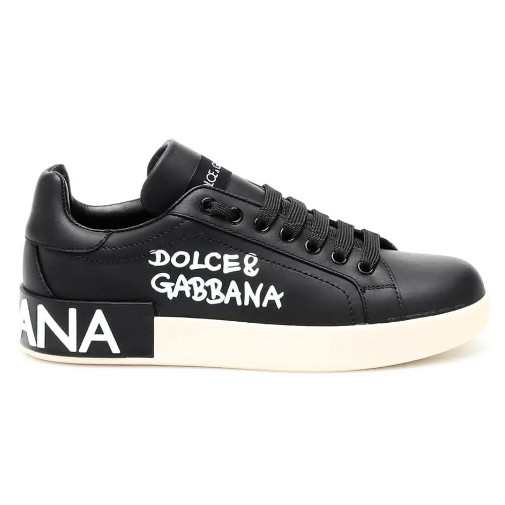 DOLCE & GABBANA Logo Print Leather Lace-up Trainers In Black - Copva