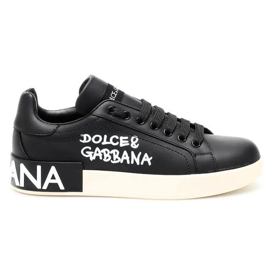 DOLCE & GABBANA Logo Print Leather Lace-up Trainers In Black - Copva
