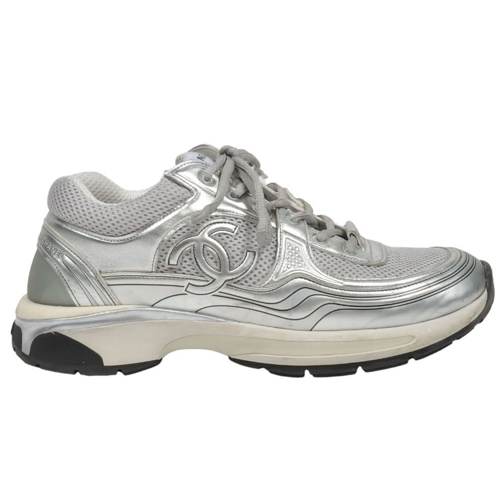 Chanel Fabric & Laminated Light Gray & Silvered Low Top Sneakers - Copva