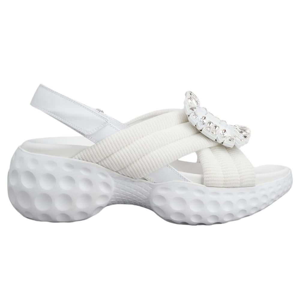 Roger Vivier Viv' Run Light Strass Buckle Sandals in Fabric 'White' - Copva