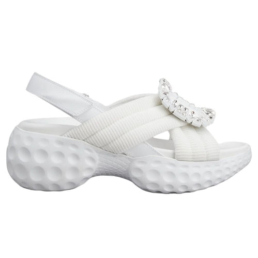 Roger Vivier Viv' Run Light Strass Buckle Sandals in Fabric 'White' - Copva