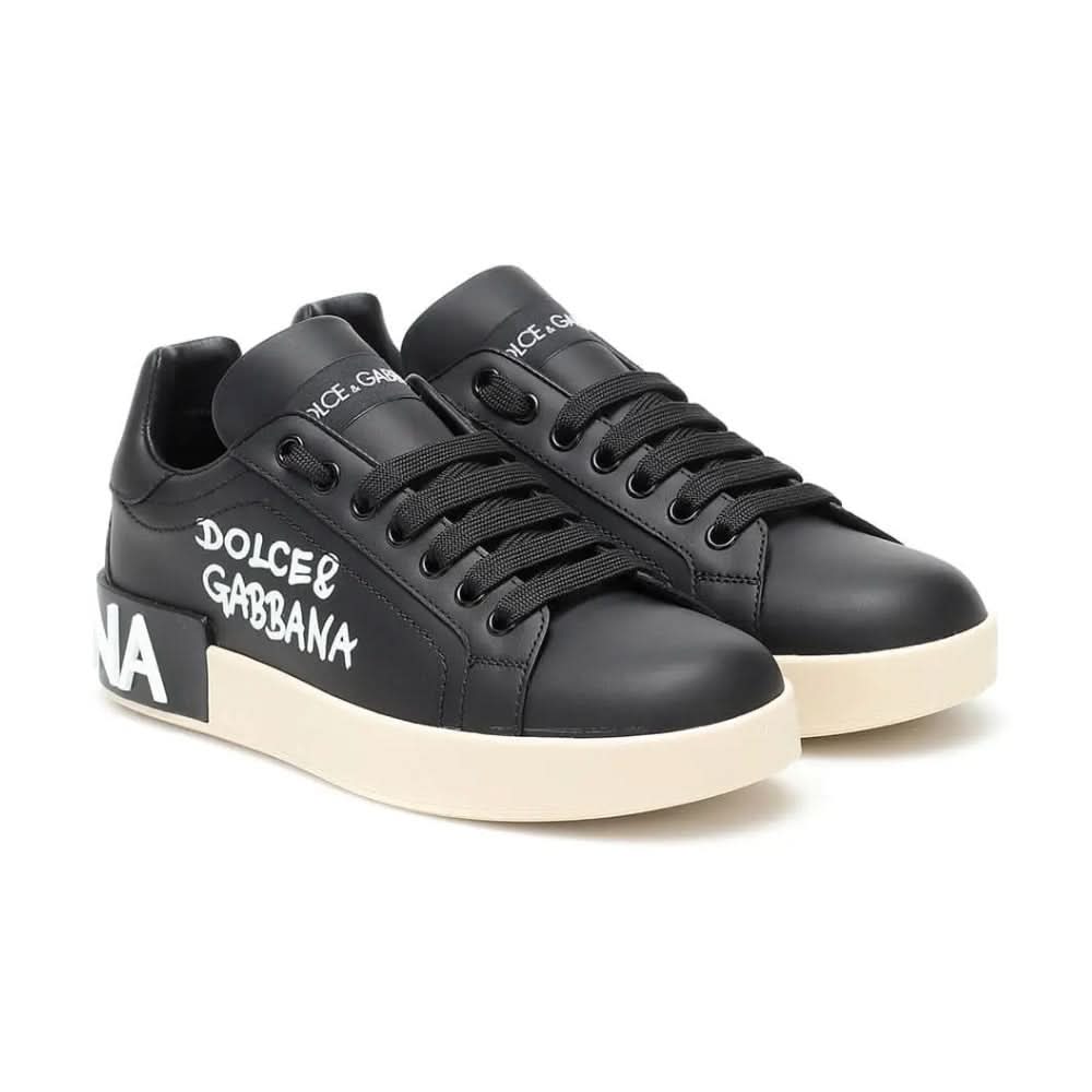 DOLCE & GABBANA Logo Print Leather Lace-up Trainers In Black - Copva