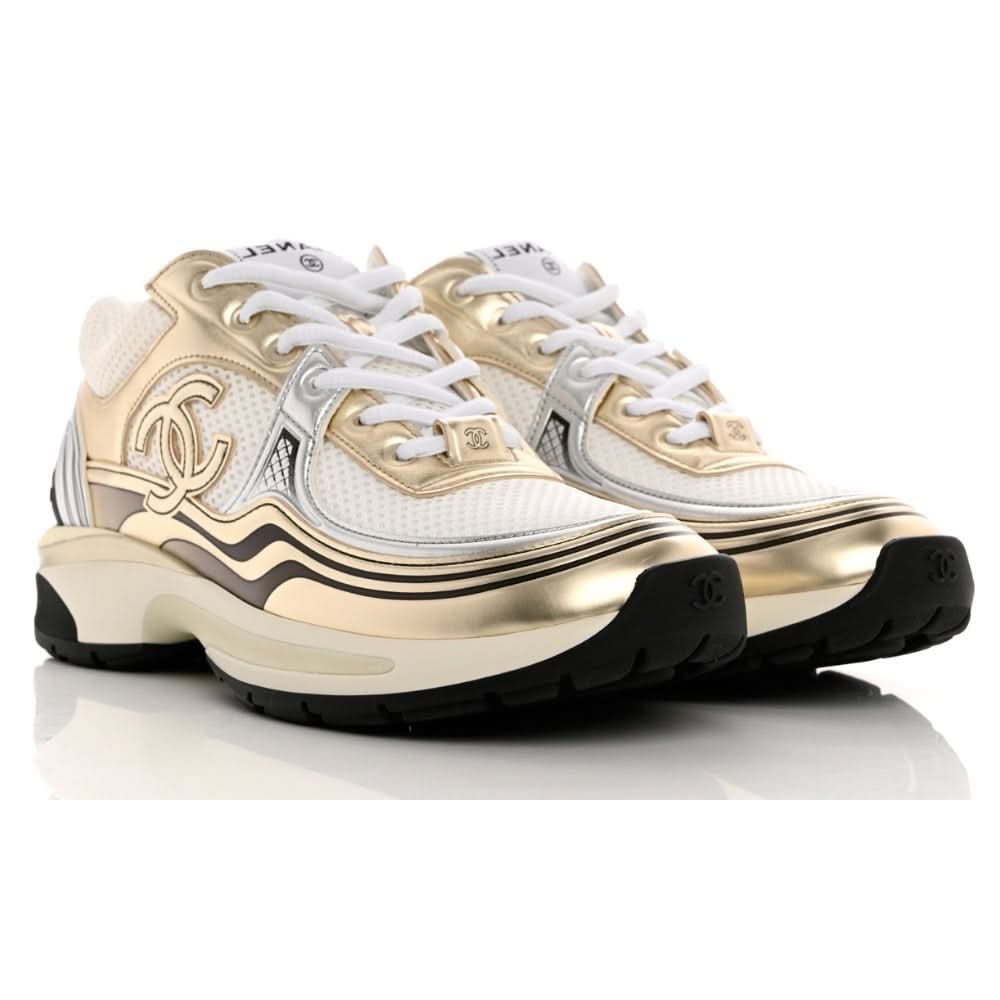 Chanel Fabric & Laminated White, Gold & Silver Low Top Sneakers - Copva