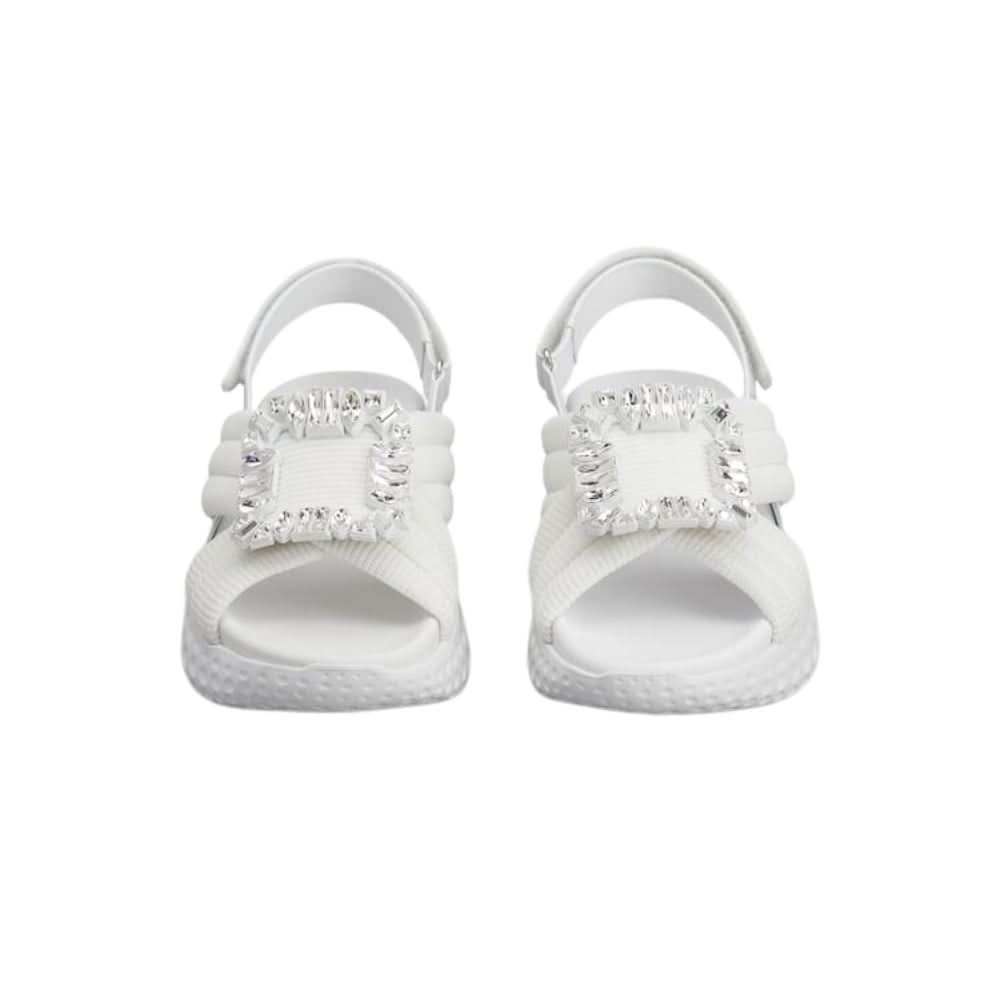 Roger Vivier Viv' Run Light Strass Buckle Sandals in Fabric 'White' - Copva