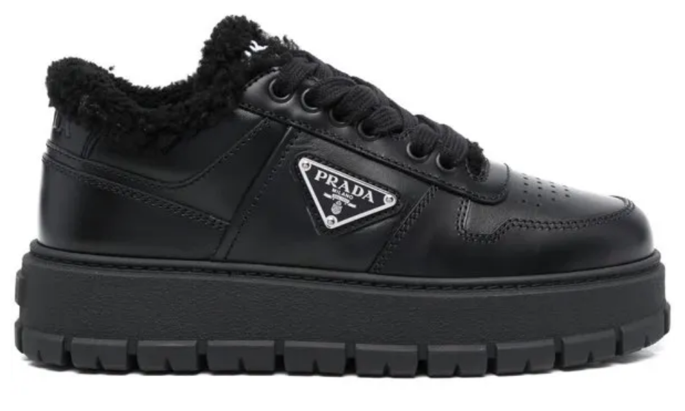 Prada Shearling-trim Flatform Sneakers "Black"
