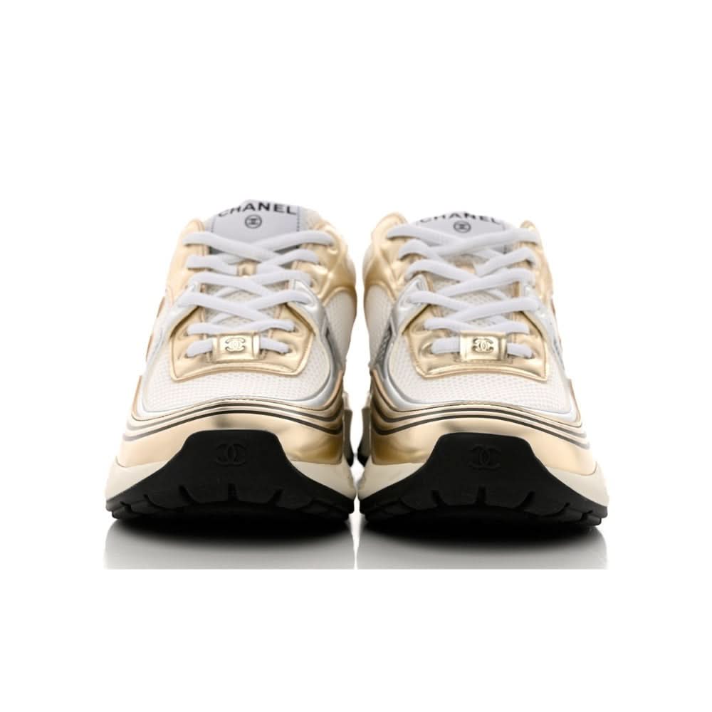 Chanel Fabric & Laminated White, Gold & Silver Low Top Sneakers - Copva