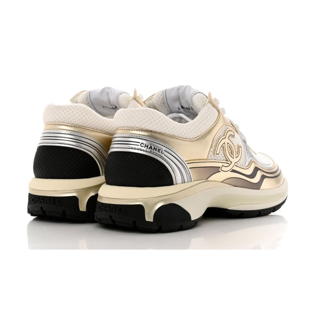 Chanel Fabric & Laminated White, Gold & Silver Low Top Sneakers - Copva