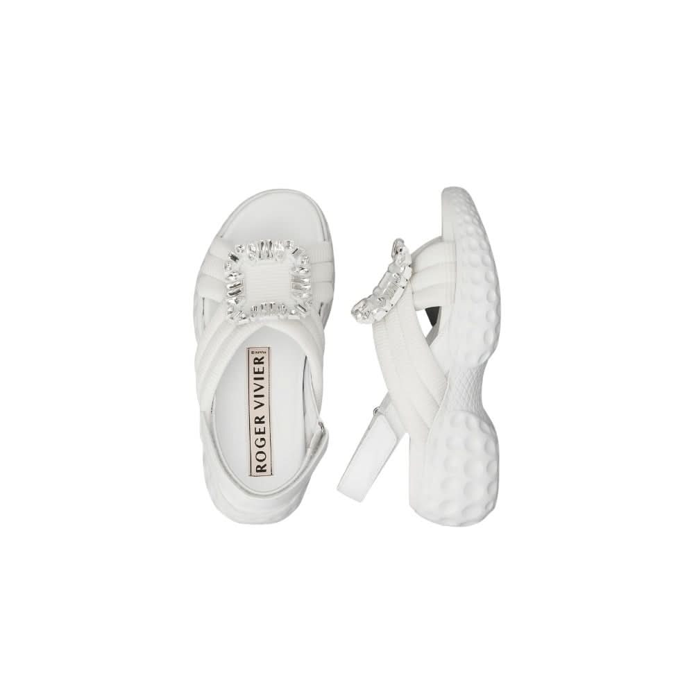 Roger Vivier Viv' Run Light Strass Buckle Sandals in Fabric 'White' - Copva