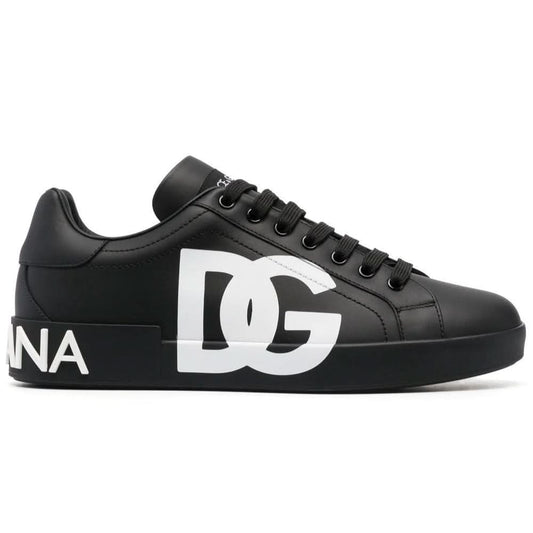 DOLCE & GABBANA Logo Print Leather Lace-up Trainers In Black - Copva