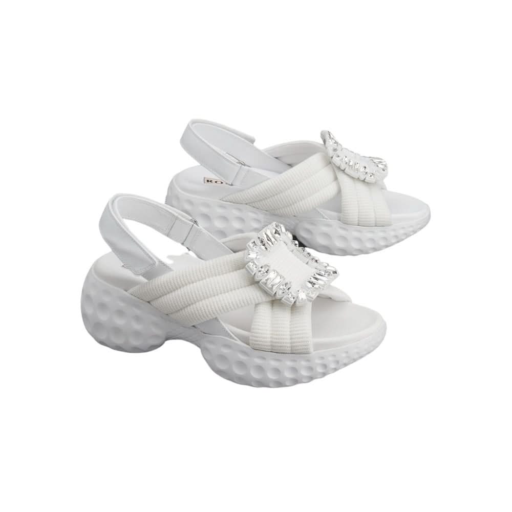 Roger Vivier Viv' Run Light Strass Buckle Sandals in Fabric 'White' - Copva