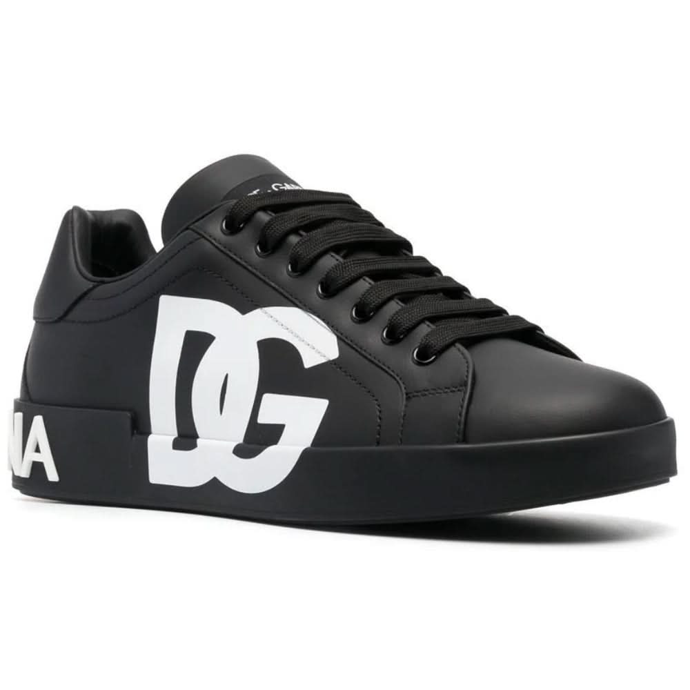 DOLCE & GABBANA Logo Print Leather Lace-up Trainers In Black - Copva