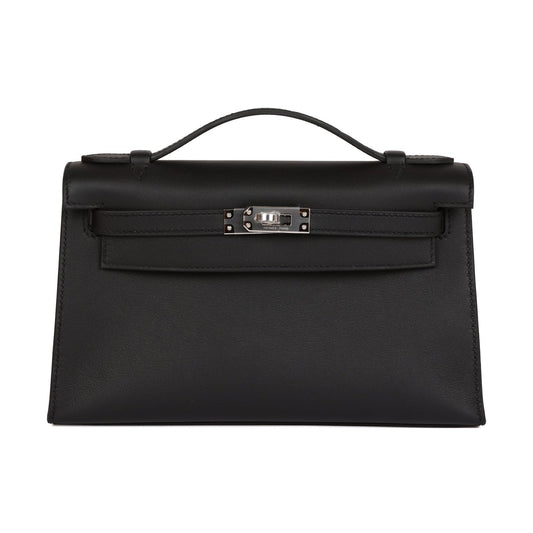 Herms Kelly Pochette Black Swift Palladium Hardware