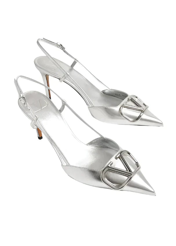 Vlogo 80 Metallic Leather Slingback Pumps In Silver - Vale Garavan