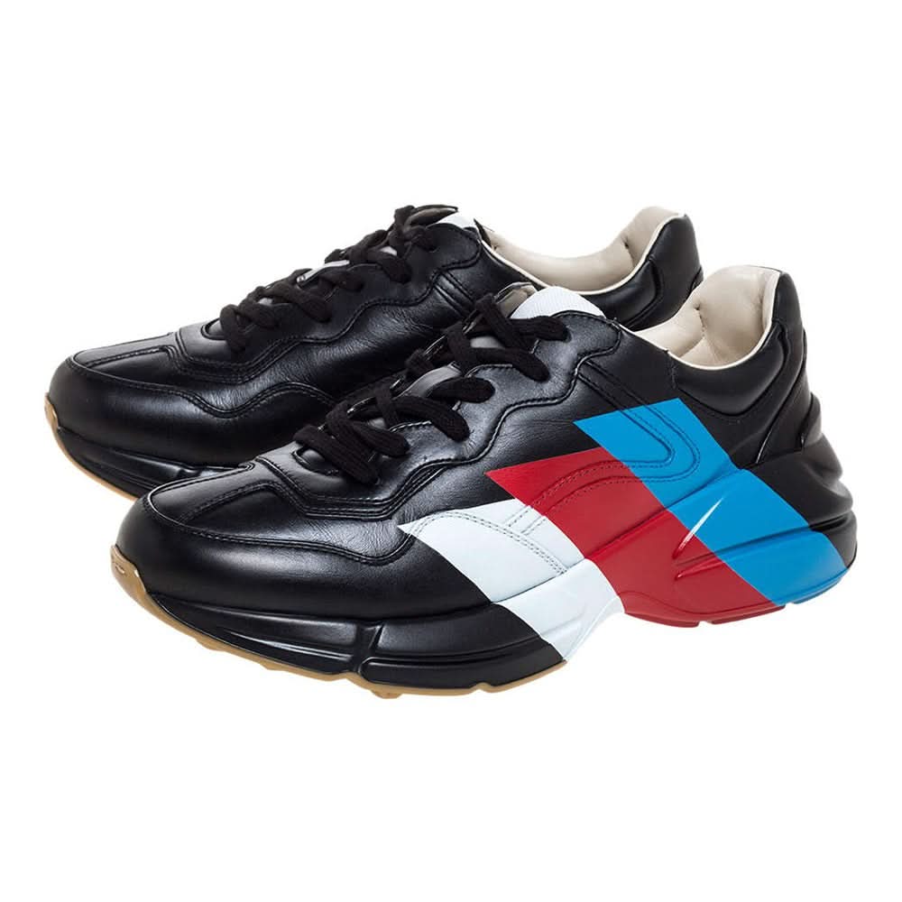 Gucci Black Leather Web Rhyton Low Top Sneakers - Copva