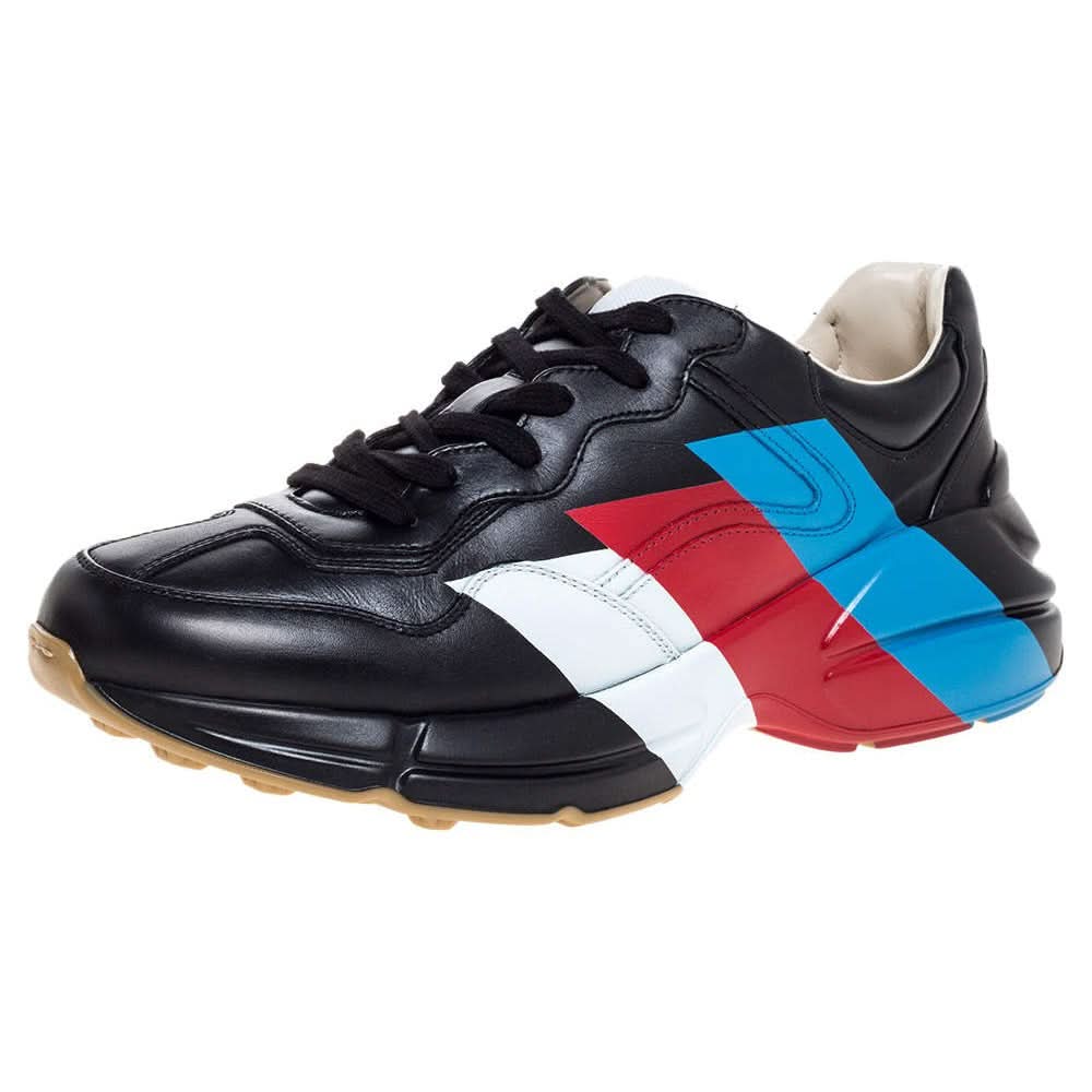 Gucci Black Leather Web Rhyton Low Top Sneakers - Copva