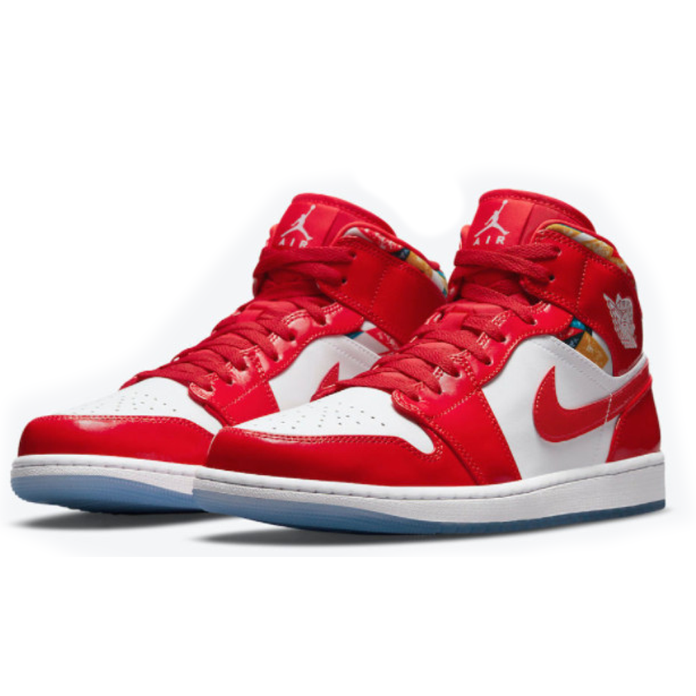 Air Jordan 1 Mid Red Patent White Blue Shoes - Copva